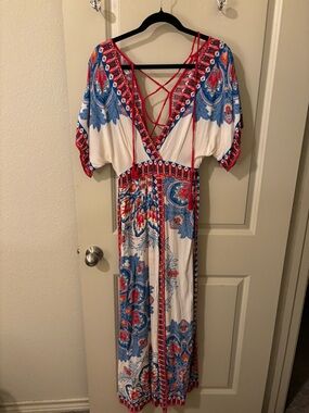 Flying Tomato White, Red & Blue Paisley Maxi Dress with Lace-Up Back - Summer